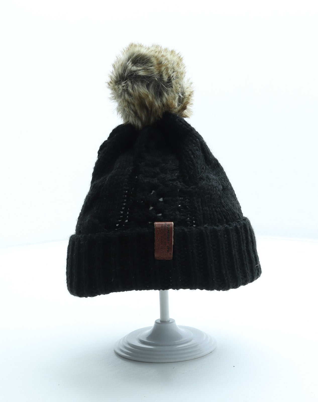 Superdry Girls Black Acrylic Bobble Hat One Size