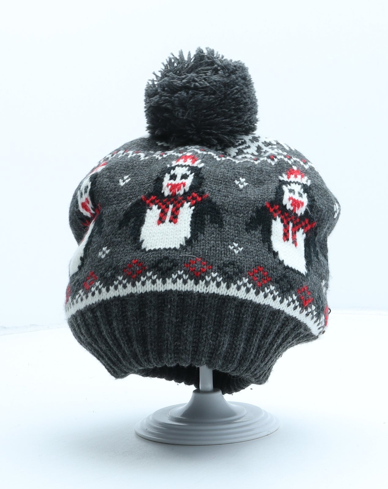 Peacocks Womens Grey Fair Isle Acrylic Bobble Hat One Size - Christmas