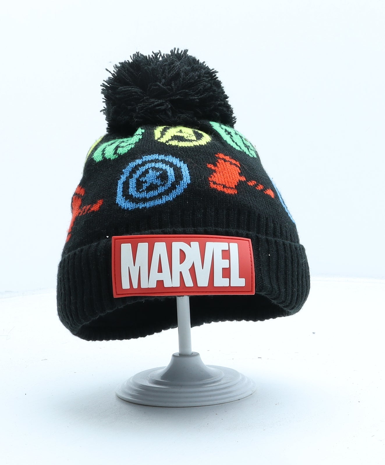 George Boys Black Geometric Acrylic Bobble Hat One Size - Avengers