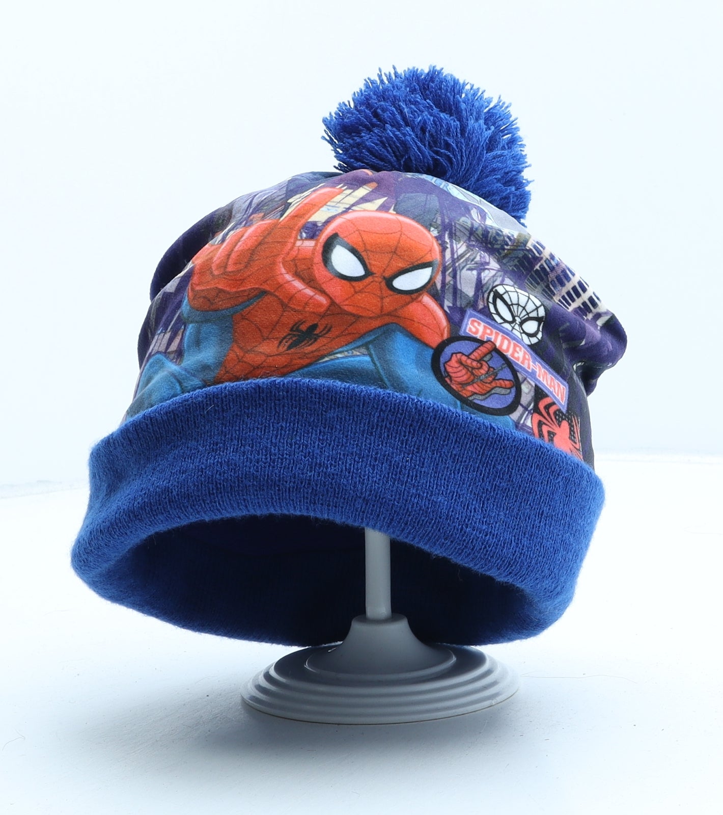 Marvel Boys Blue Geometric Polyester Bobble Hat One Size - Spiderman