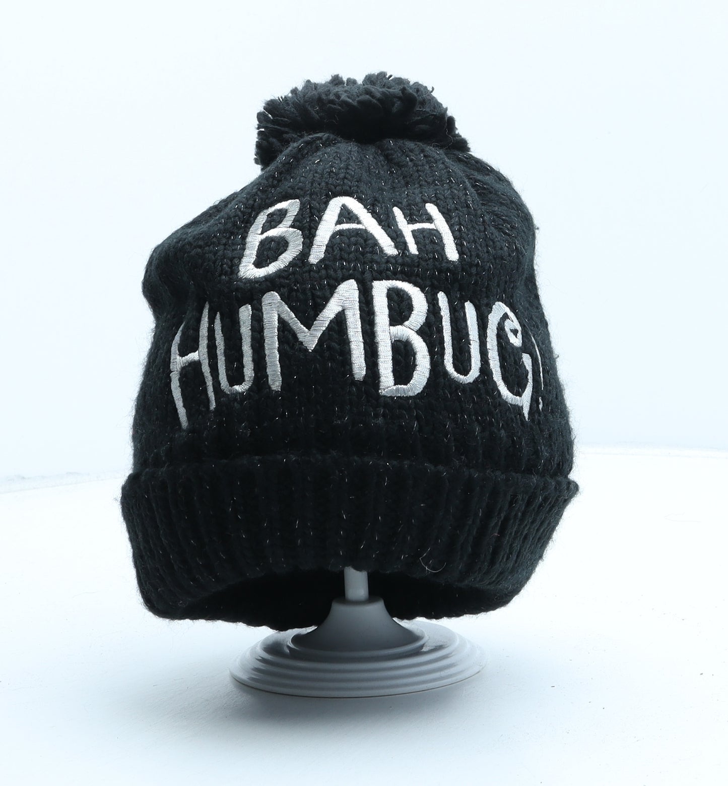 TU Womens Black Acrylic Bobble Hat One Size - Bah Humbug!