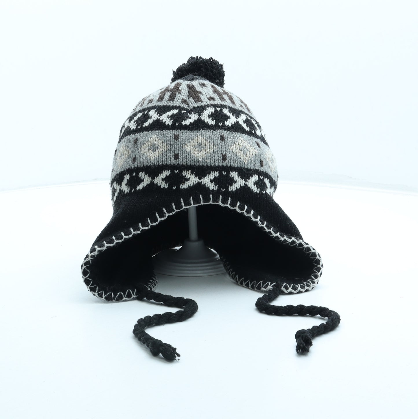 Preworn Boys Black Fair Isle Acrylic Bonnet One Size - Pom Pom