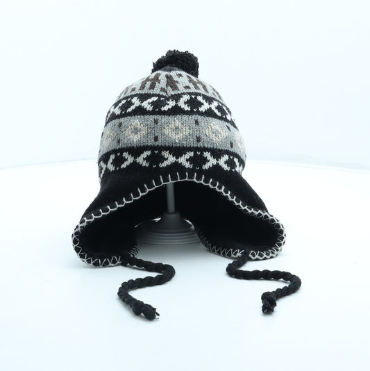 Preworn Boys Black Fair Isle Acrylic Bonnet One Size - Pom Pom