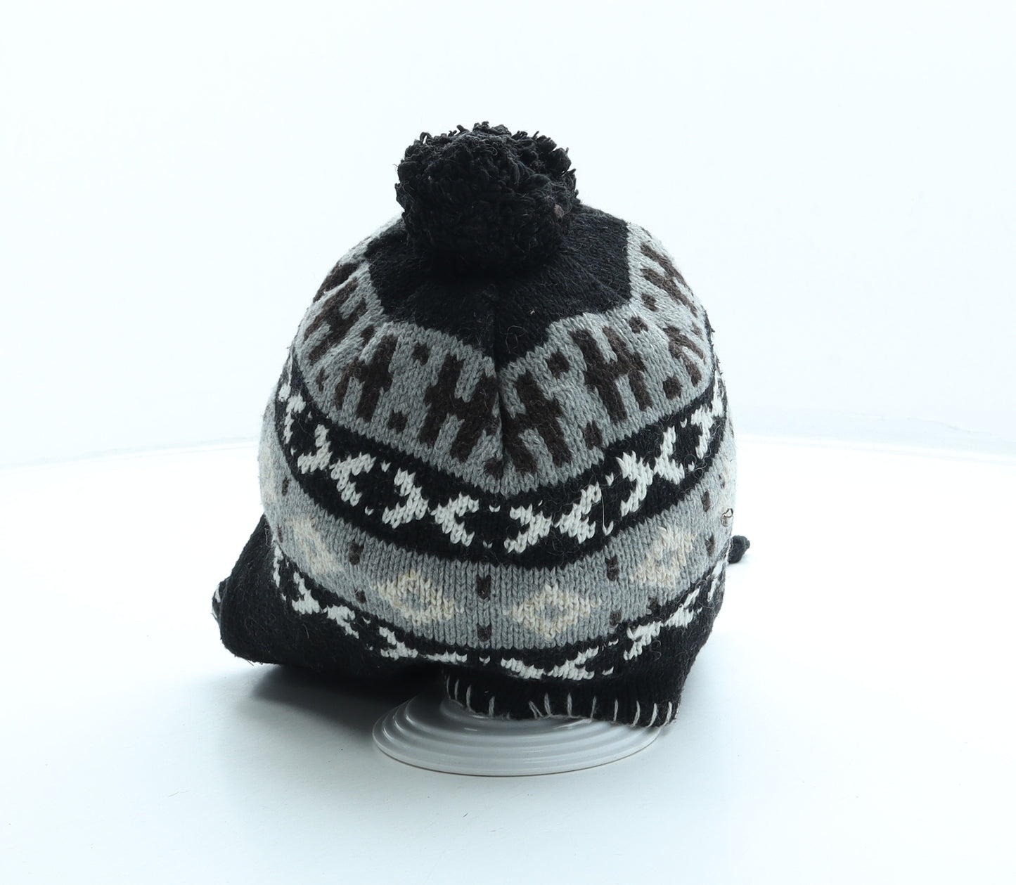 Preworn Boys Black Fair Isle Acrylic Bonnet One Size - Pom Pom