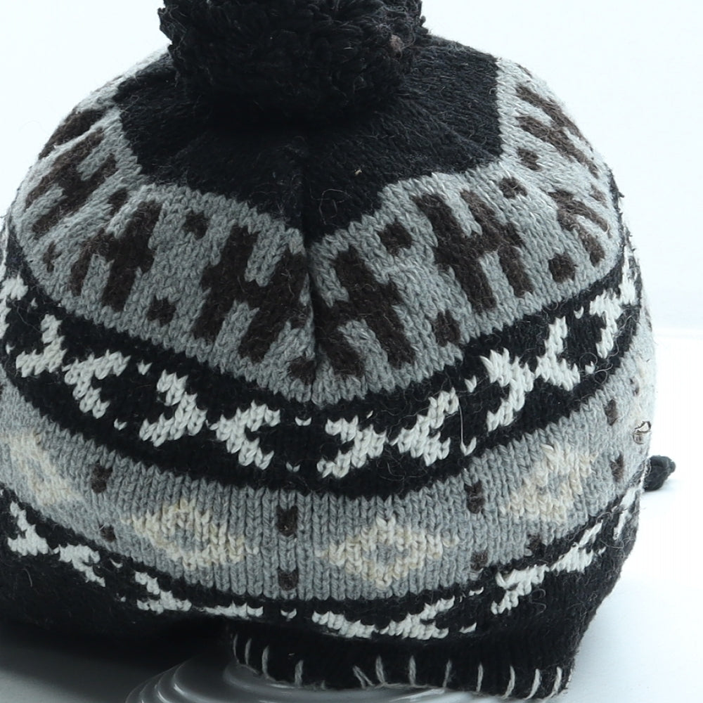 Preworn Boys Black Fair Isle Acrylic Bonnet One Size - Pom Pom