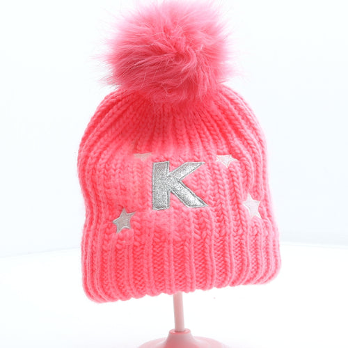 Preworn Girls Pink Geometric Acrylic Bobble Hat One Size - Alphabet K Faux Fur