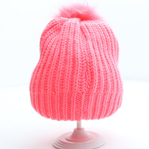 Preworn Girls Pink Geometric Acrylic Bobble Hat One Size - Alphabet K Faux Fur