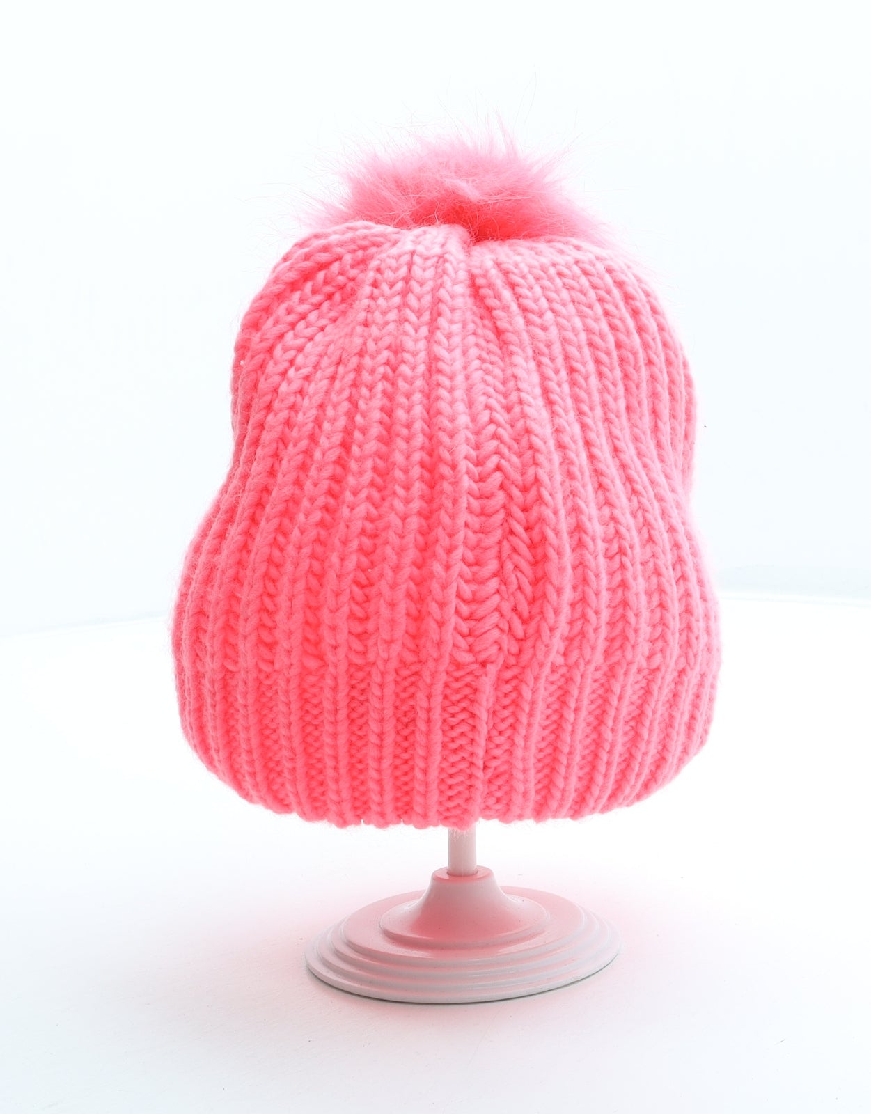 Preworn Girls Pink Geometric Acrylic Bobble Hat One Size - Alphabet K Faux Fur