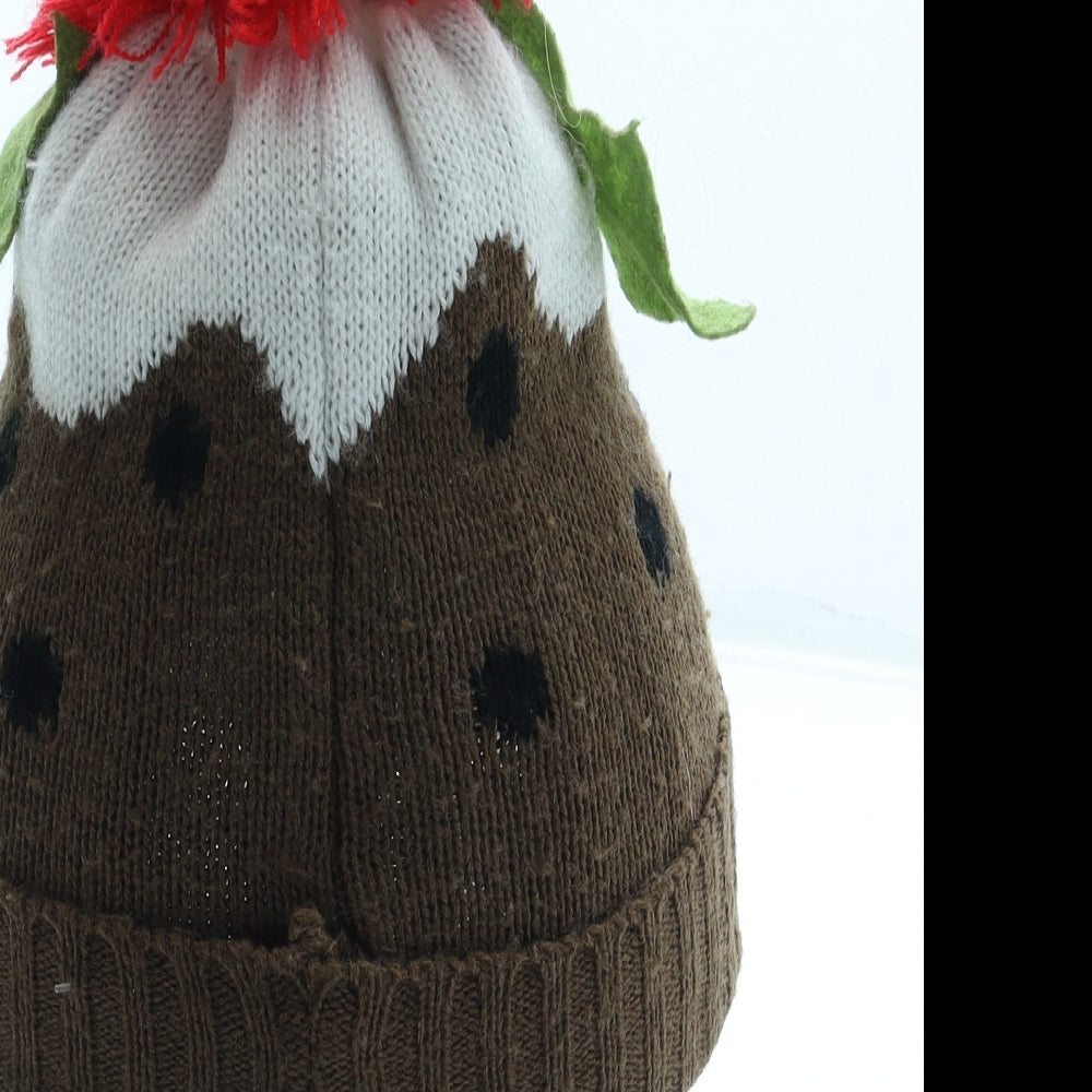 TJ Max Girls Brown Geometric Acrylic Bobble Hat One Size - Christmas Pudding