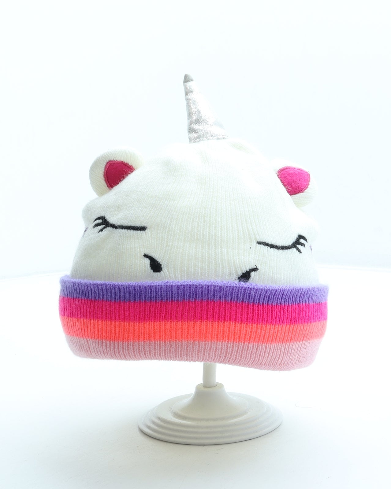 Preworn Girls Multicoloured Striped Acrylic Beanie One Size - Unicorn