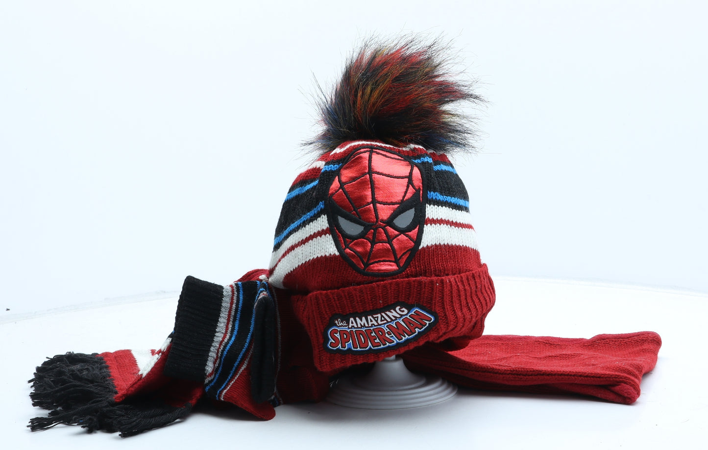 Spiderman Boys Red Geometric Acrylic Bobble Hat One Size