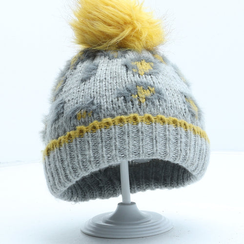 George Girls Grey Animal Print Acrylic Bobble Hat One Size - Leopard print