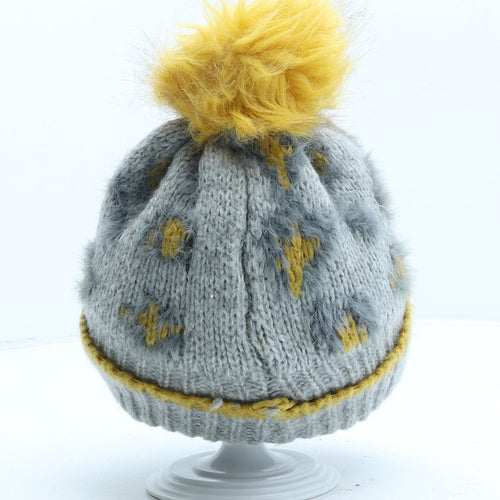 George Girls Grey Animal Print Acrylic Bobble Hat One Size - Leopard print