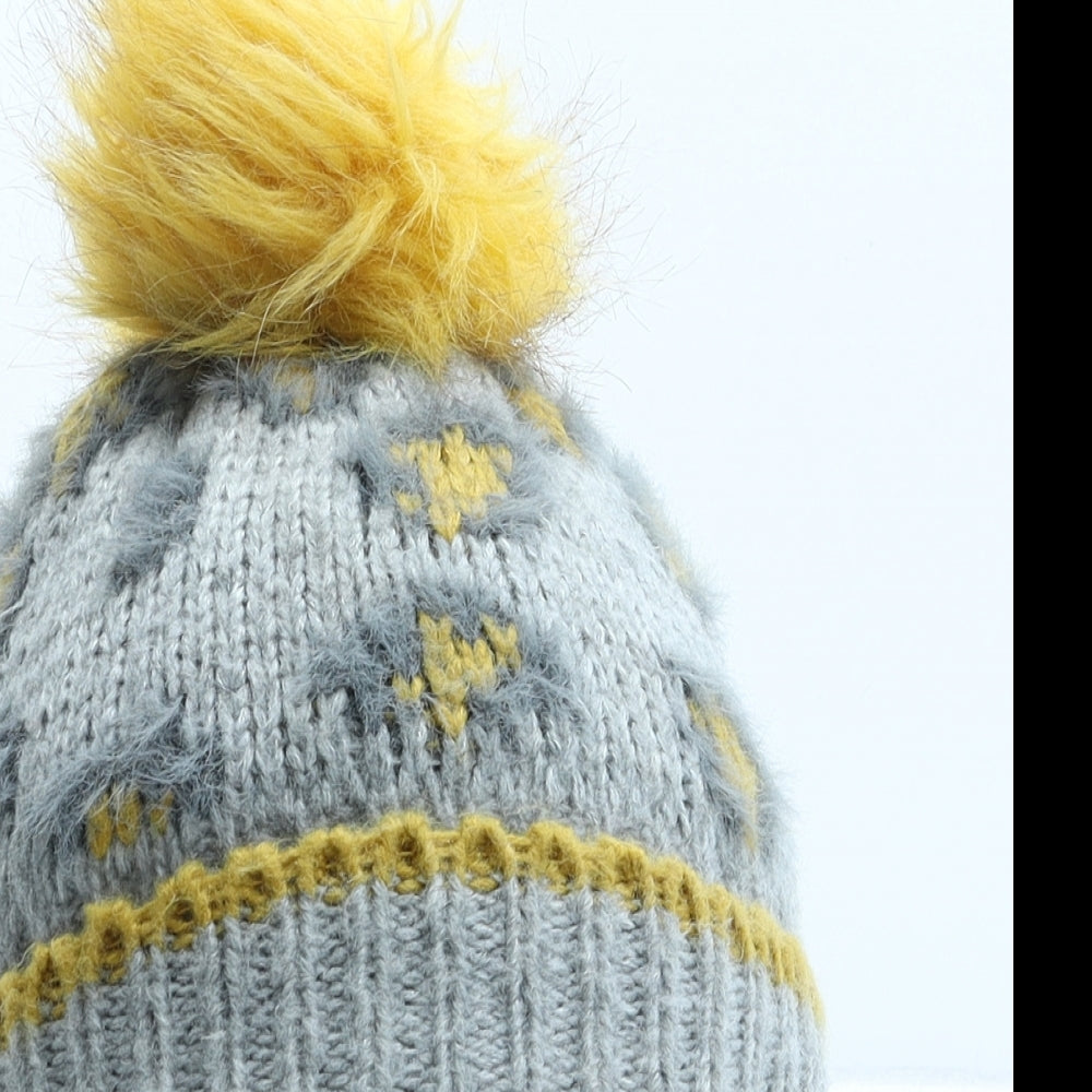 George Girls Grey Animal Print Acrylic Bobble Hat One Size - Leopard print