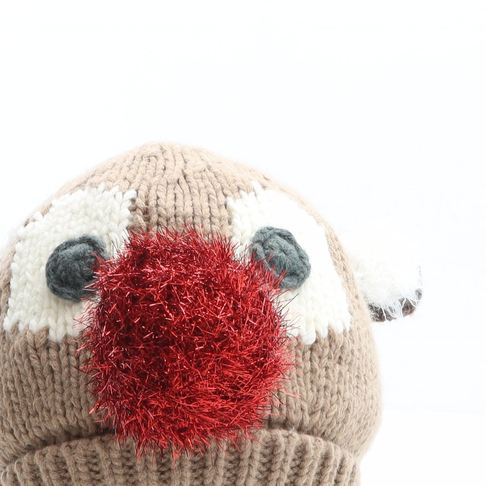 NEXT Womens Brown Acrylic Bobble Hat One Size - Reindeer Christmas