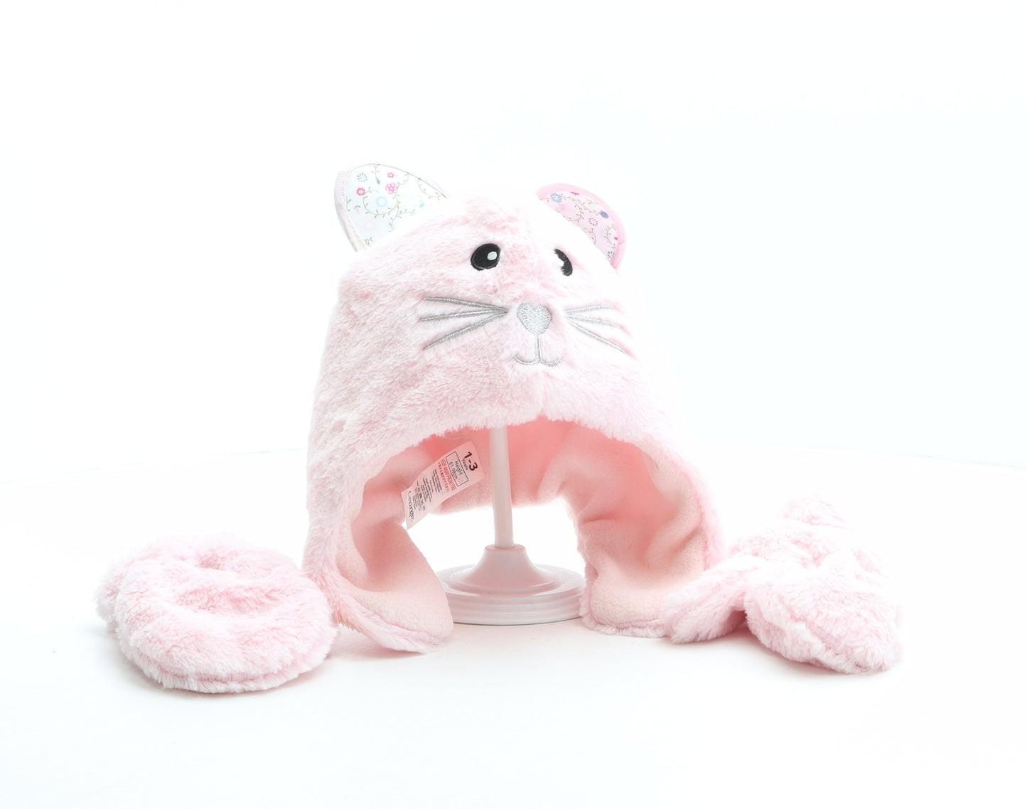 George Girls Pink Polyester Bonnet One Size - Cat Design, Gloves included