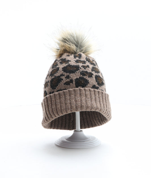F&F Girls Brown Animal Print Polyester Bobble Hat One Size - Leopard print