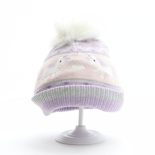 Preworn Girls Multicoloured Fair Isle Acrylic Bobble Hat One Size - Unicorn pattern, Heart pattern