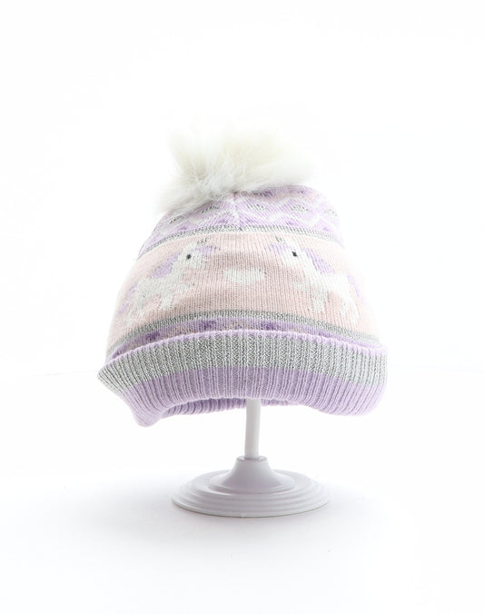 Preworn Girls Multicoloured Fair Isle Acrylic Bobble Hat One Size - Unicorn pattern, Heart pattern