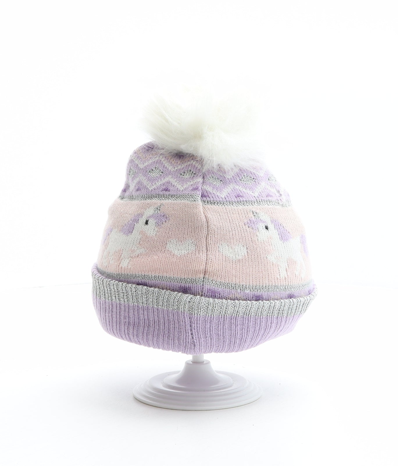 Preworn Girls Multicoloured Fair Isle Acrylic Bobble Hat One Size - Unicorn pattern, Heart pattern