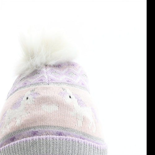 Preworn Girls Multicoloured Fair Isle Acrylic Bobble Hat One Size - Unicorn pattern, Heart pattern