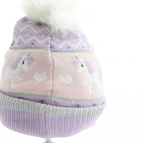 Preworn Girls Multicoloured Fair Isle Acrylic Bobble Hat One Size - Unicorn pattern, Heart pattern