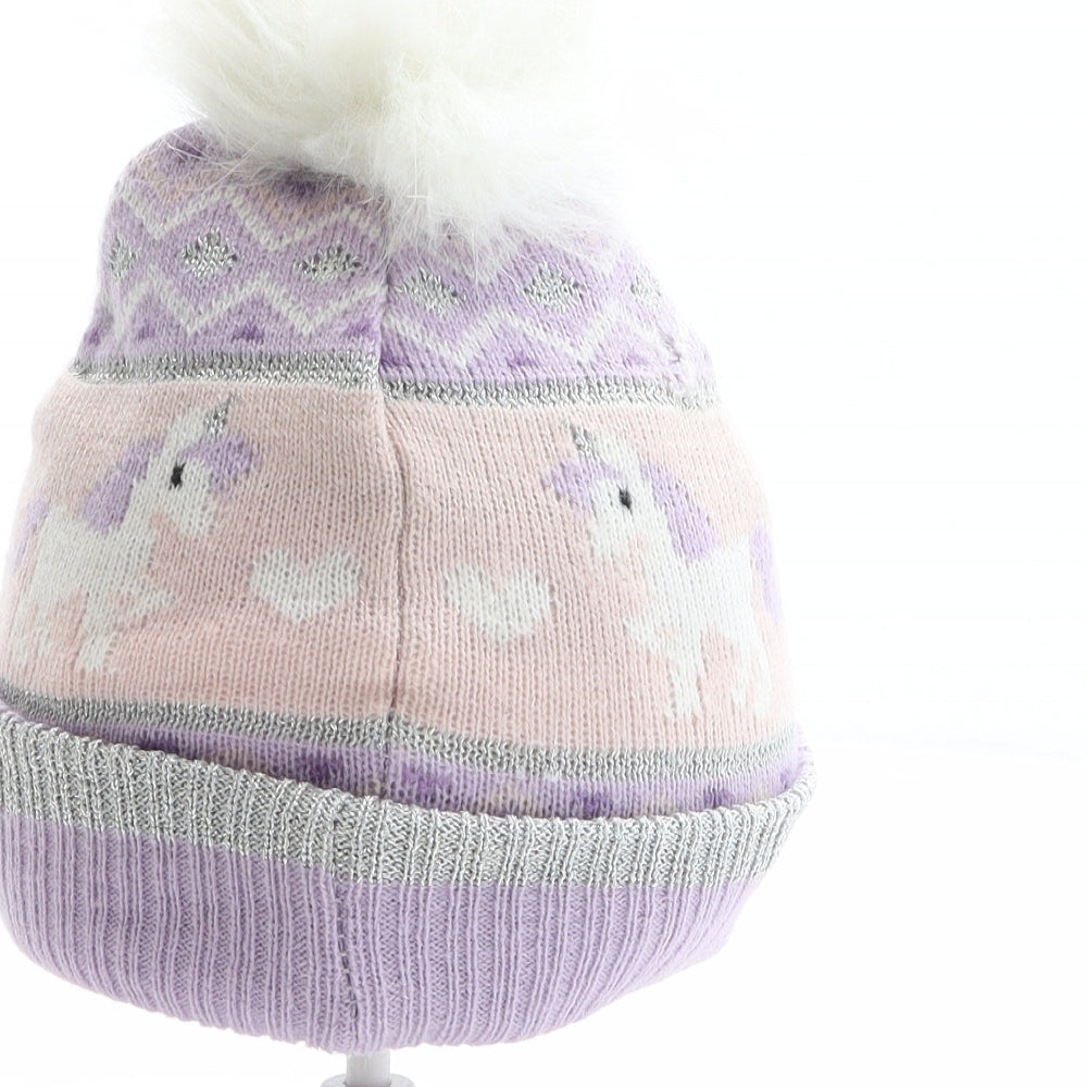 Preworn Girls Multicoloured Fair Isle Acrylic Bobble Hat One Size - Unicorn pattern, Heart pattern