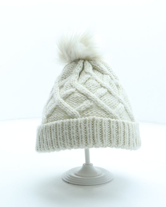 F&F Girls Ivory Acrylic Bobble Hat Size S - Faux fur