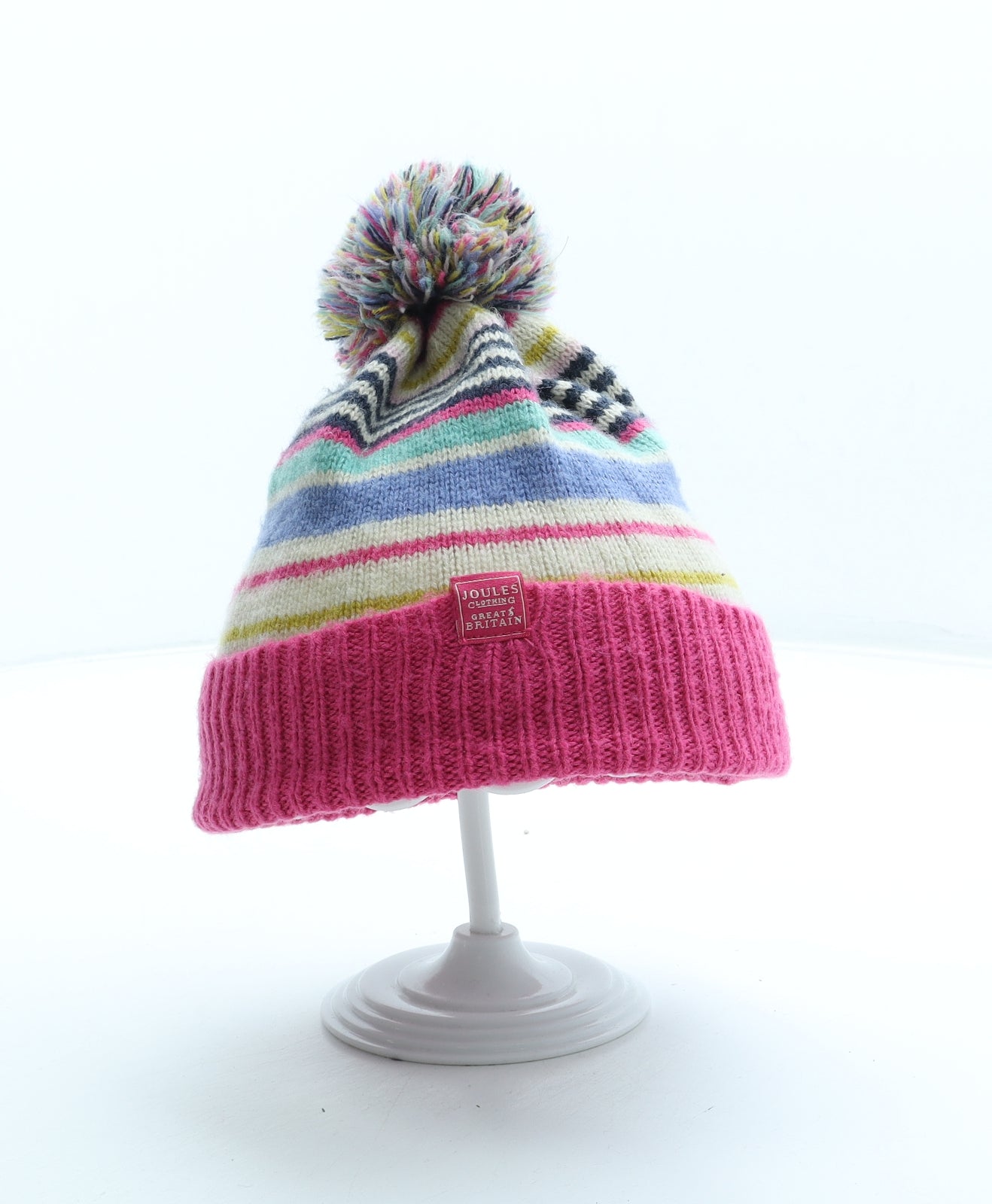 Joules Womens Multicoloured Striped Acrylic Bobble Hat Size M