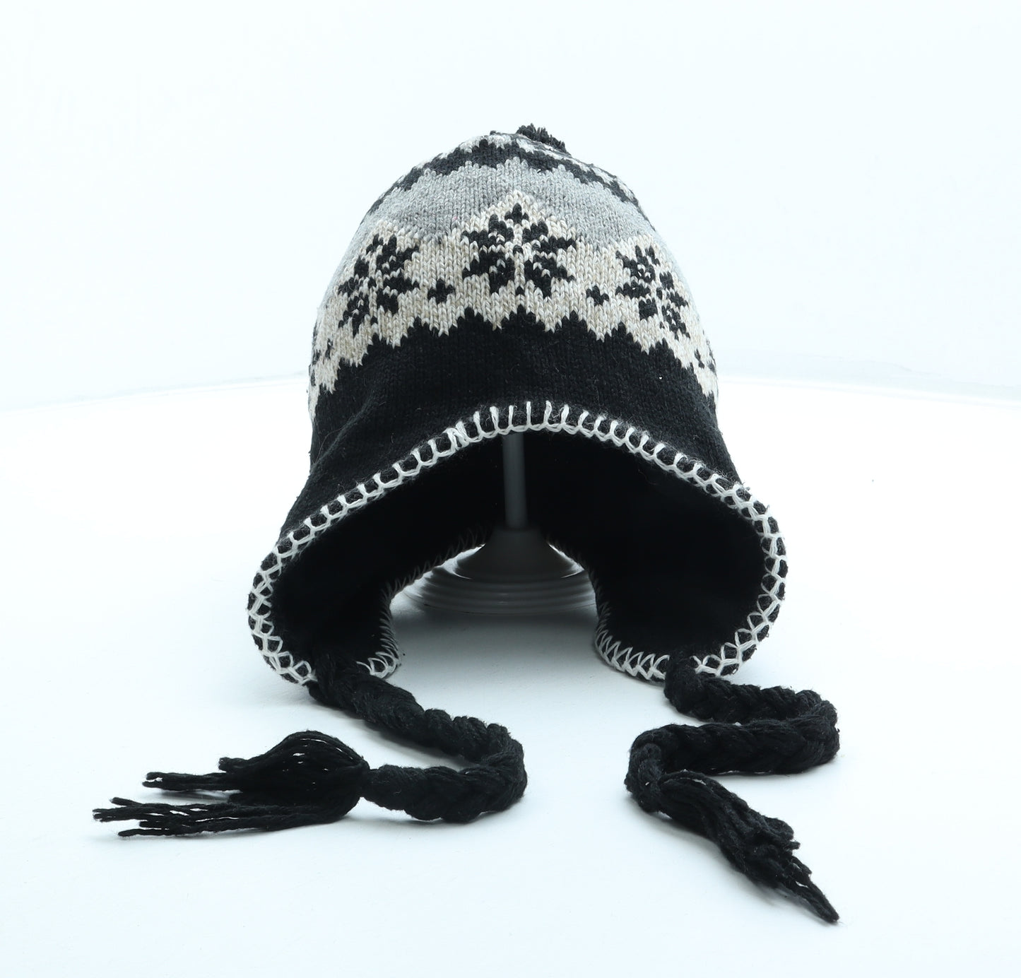 Preworn Boys Grey Fair Isle Acrylic Bonnet One Size - Pom Pom