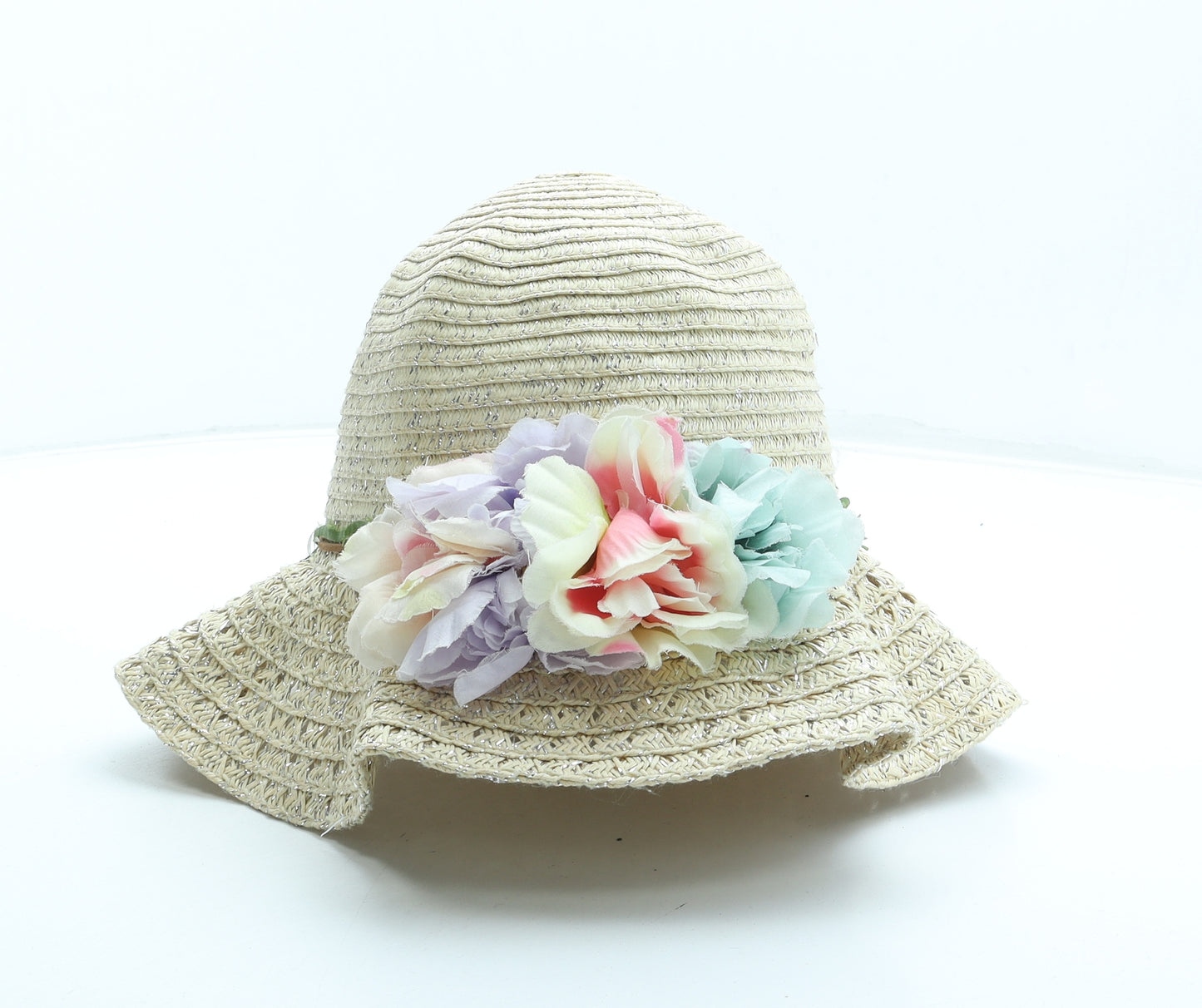 Primark Girls Beige Paper Sun Hat Size S - Flower Detail