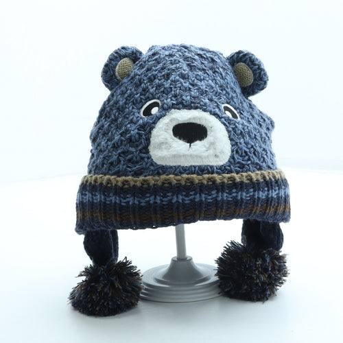 Preworn Boys Blue Acrylic Bonnet Size S - Bear Ears Pom Pom