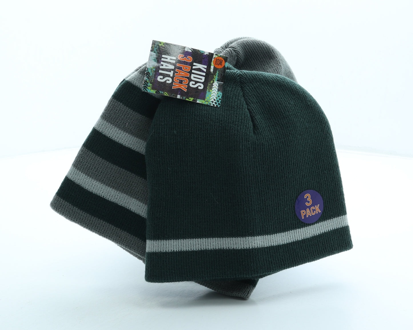 B&M Boys Green Striped Acrylic Beanie One Size - 3 Pack