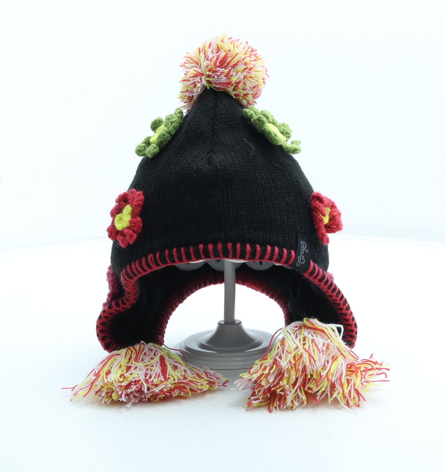 Crush Girls Black Geometric Acrylic Bonnet Size S - Flower detail Pom Pom
