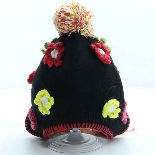 Crush Girls Black Geometric Acrylic Bonnet Size S - Flower detail Pom Pom