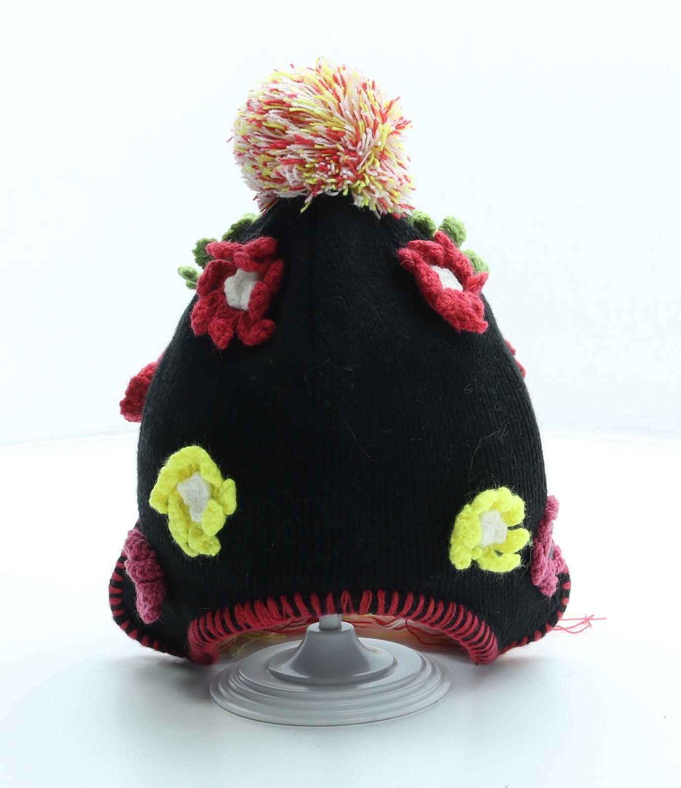 Crush Girls Black Geometric Acrylic Bonnet Size S - Flower detail Pom Pom