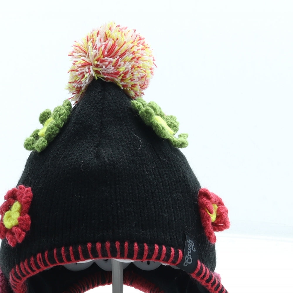 Crush Girls Black Geometric Acrylic Bonnet Size S - Flower detail Pom Pom