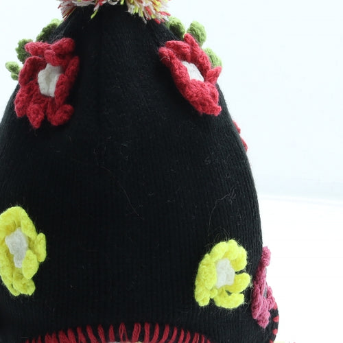 Crush Girls Black Geometric Acrylic Bonnet Size S - Flower detail Pom Pom