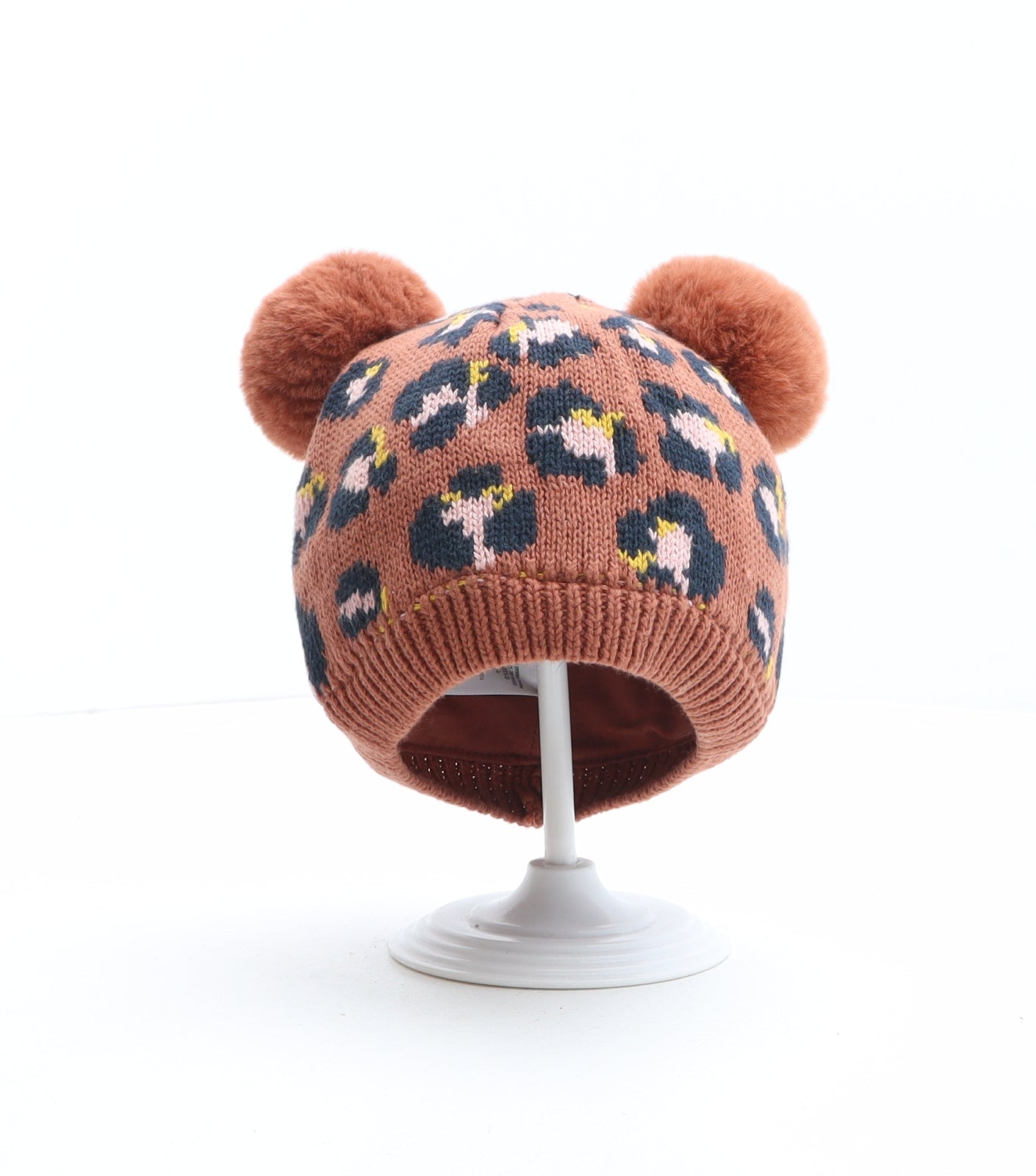 NEXT Girls Brown Animal Print 100% Cotton Bobble Hat One Size - Leopard Print