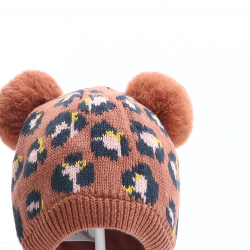 NEXT Girls Brown Animal Print 100% Cotton Bobble Hat One Size - Leopard Print
