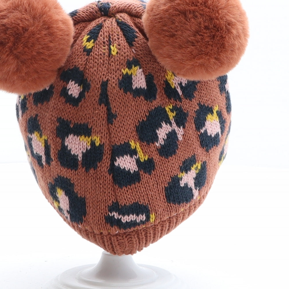 NEXT Girls Brown Animal Print 100% Cotton Bobble Hat One Size - Leopard Print