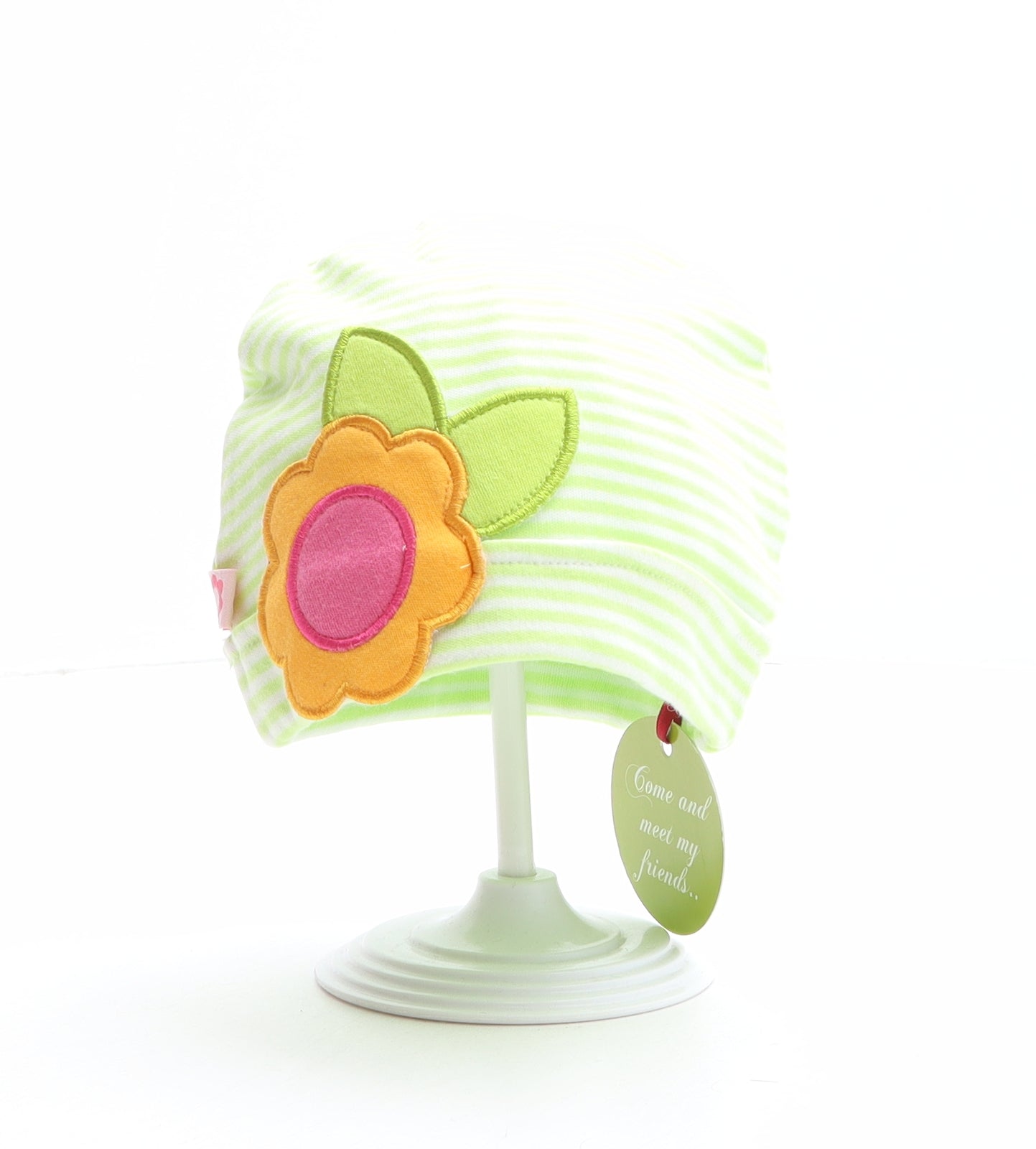Olive&Moss Girls Grey Striped 100% Cotton Beanie One Size - Flower Detail