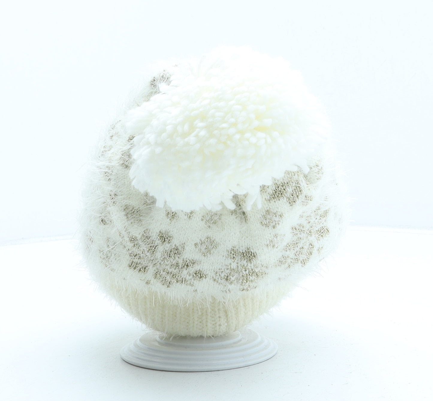 Preworn Womens Beige Geometric Acrylic Bobble Hat One Size - Snowflakes