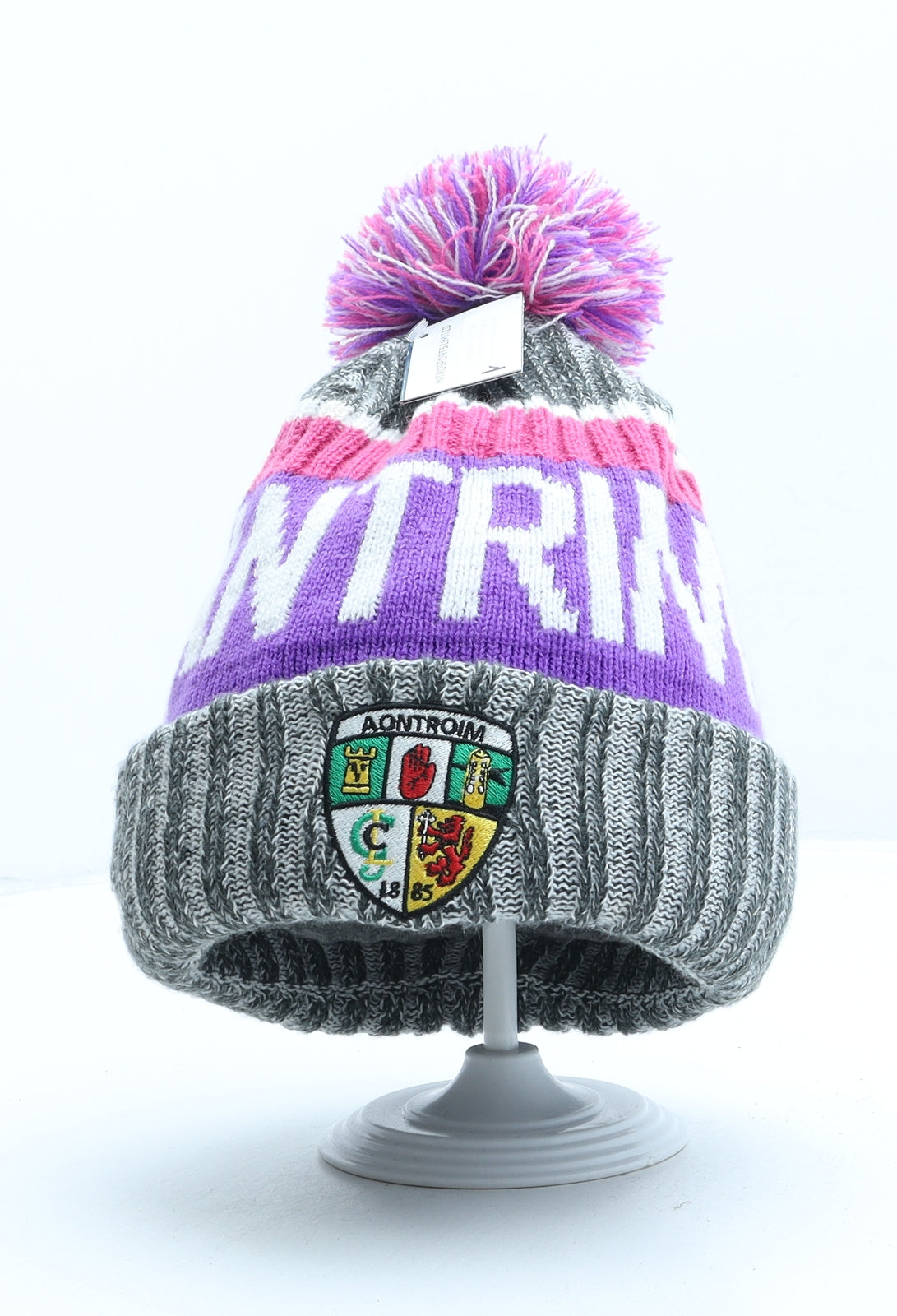 One Club One Country Womens Purple Acrylic Bobble Hat One Size - Aontroim GAA