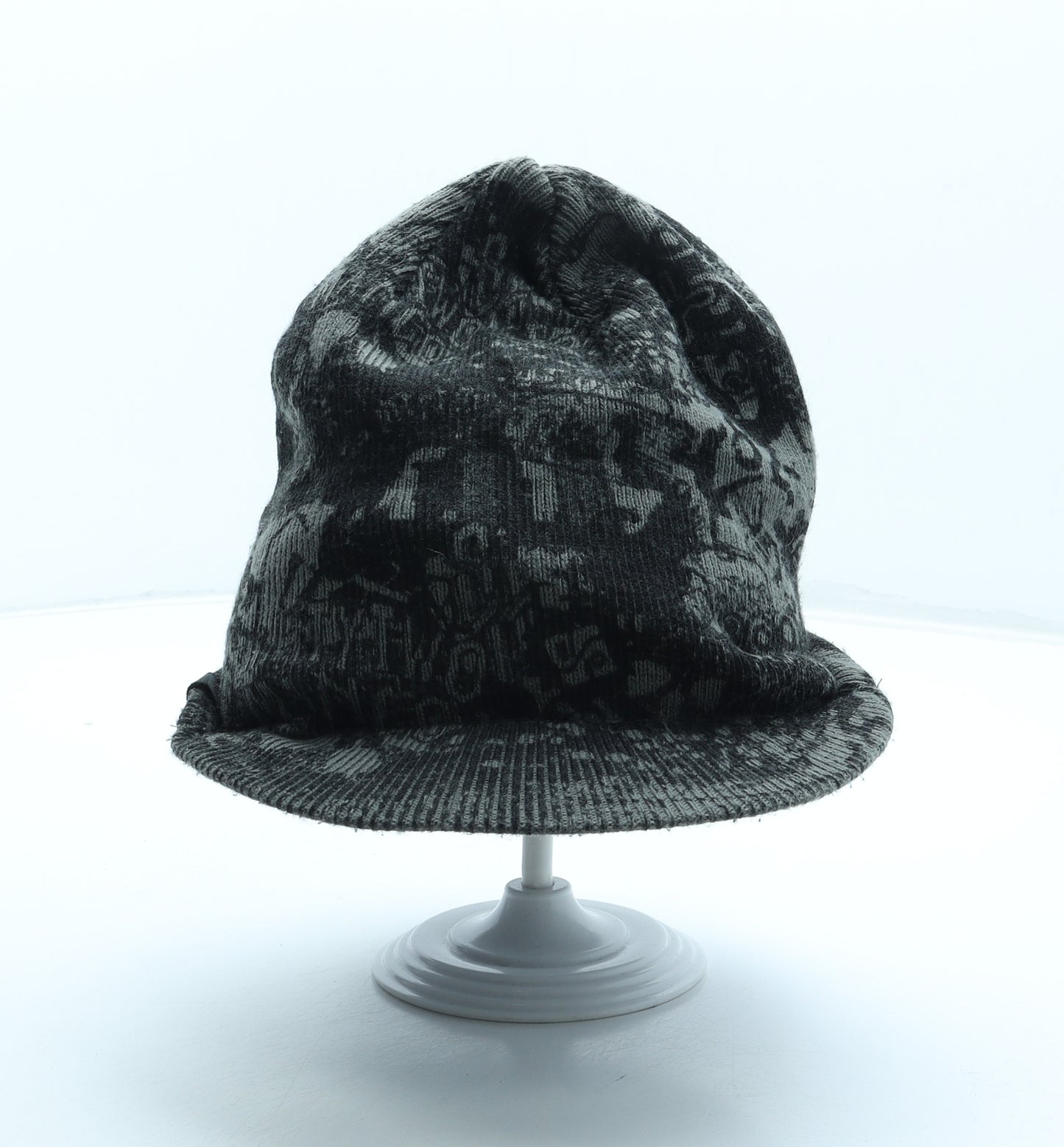 Mango Mens Grey Geometric Acrylic Beanie One Size - Slogan Peaked front