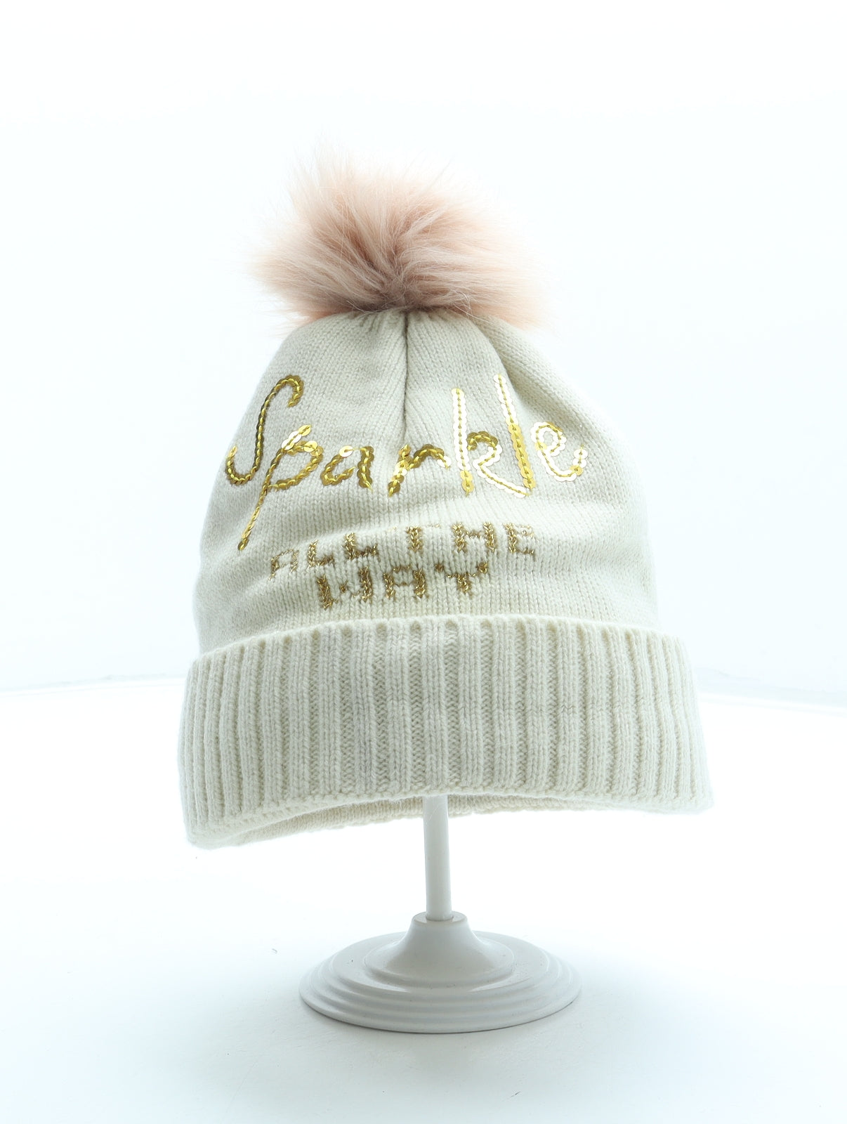 George Womens Beige Acrylic Bobble Hat One Size - Sparkle all the way