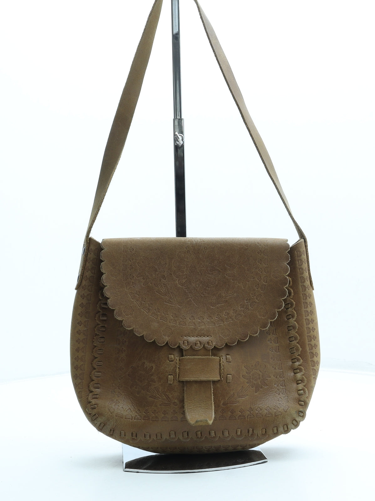 Accessorize Womens Brown Geometric Leather Saddle Bag Size Small