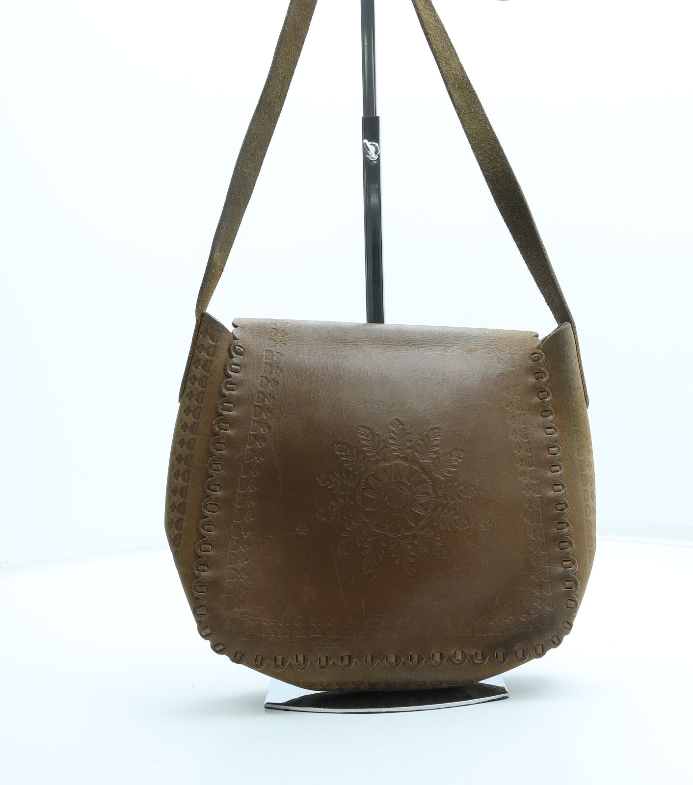 Accessorize Womens Brown Geometric Leather Saddle Bag Size Small