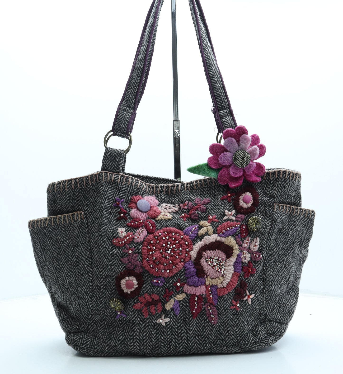 Shruti Womens Multicoloured Herringbone Wool Shoulder Bag Size Medium - Flower Detail