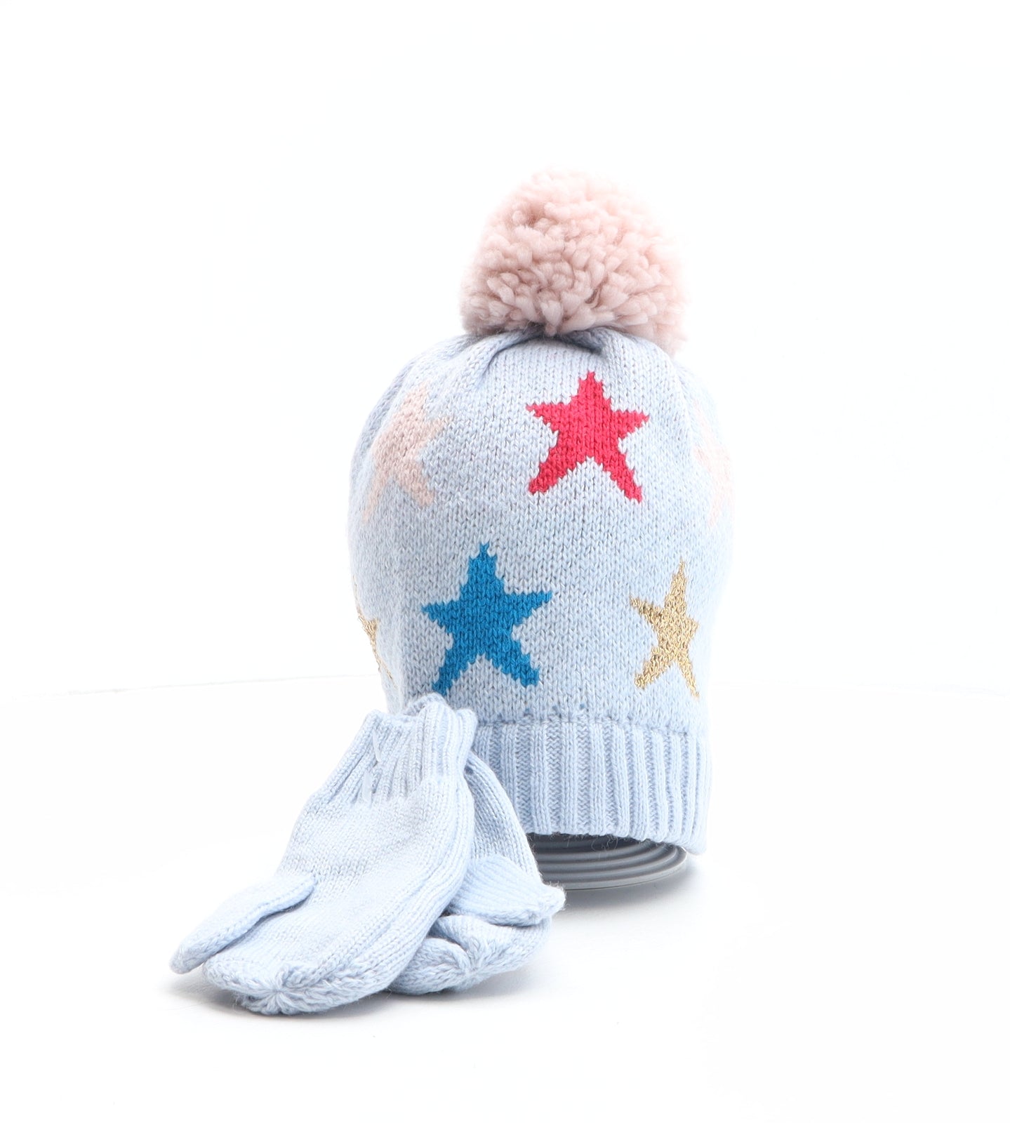 Marks and Spencer Girls Multicoloured Geometric Acrylic Bobble Hat One Size - Gloves included, Star pattern